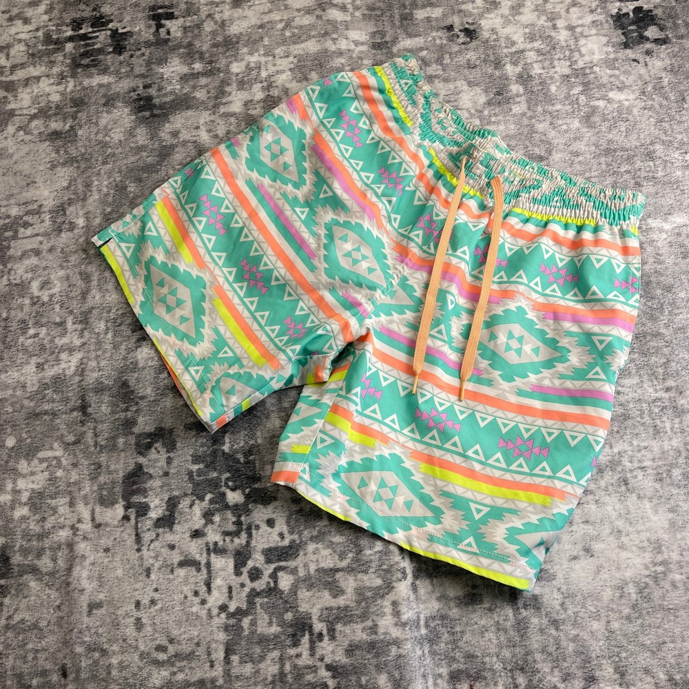 Chubbies Men Medium Swim Trunks Geometric Aztec Teal Pink Neon Resort